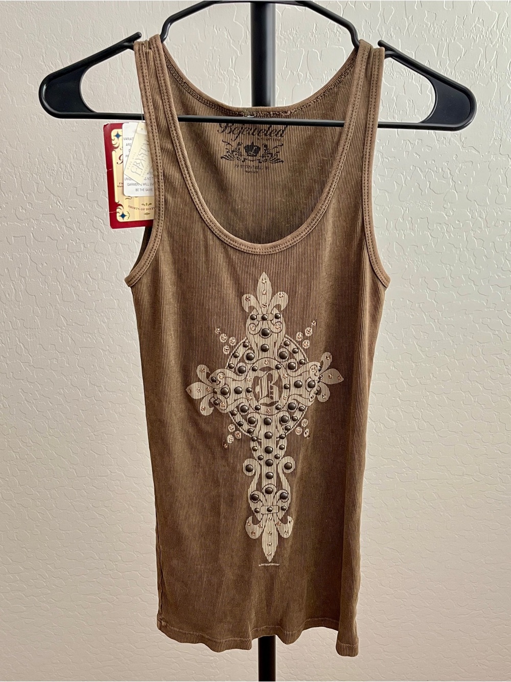 Bejeweled Brown Embellished Crystal Rhinestone Cross Tank Top